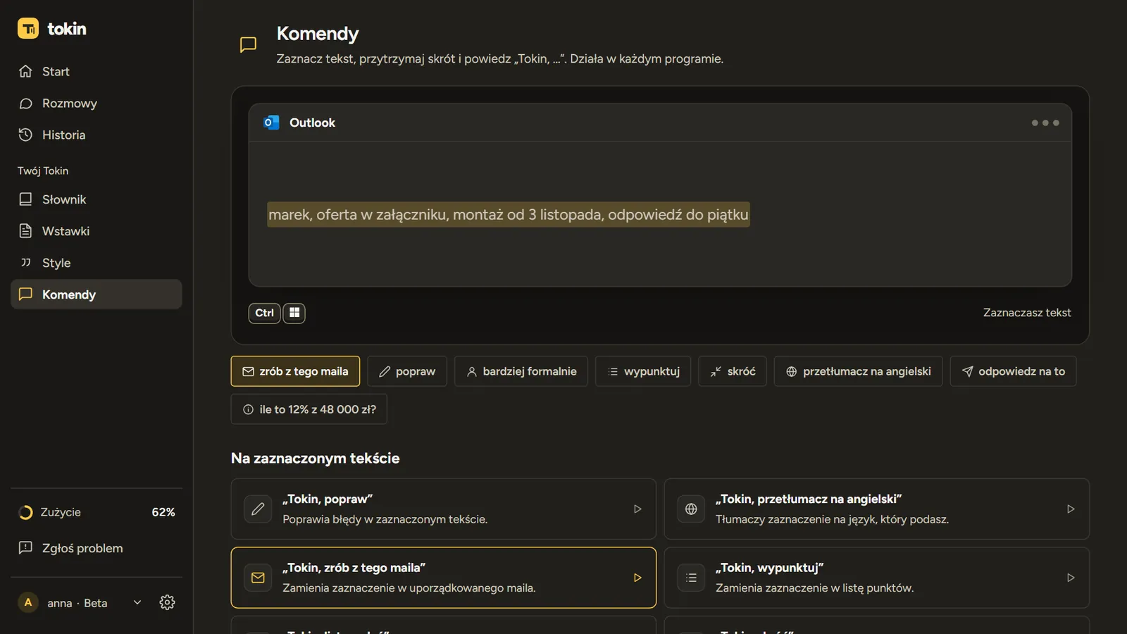 Komendy: Wszystkie „Tokin, …” z przykładem przed i po.