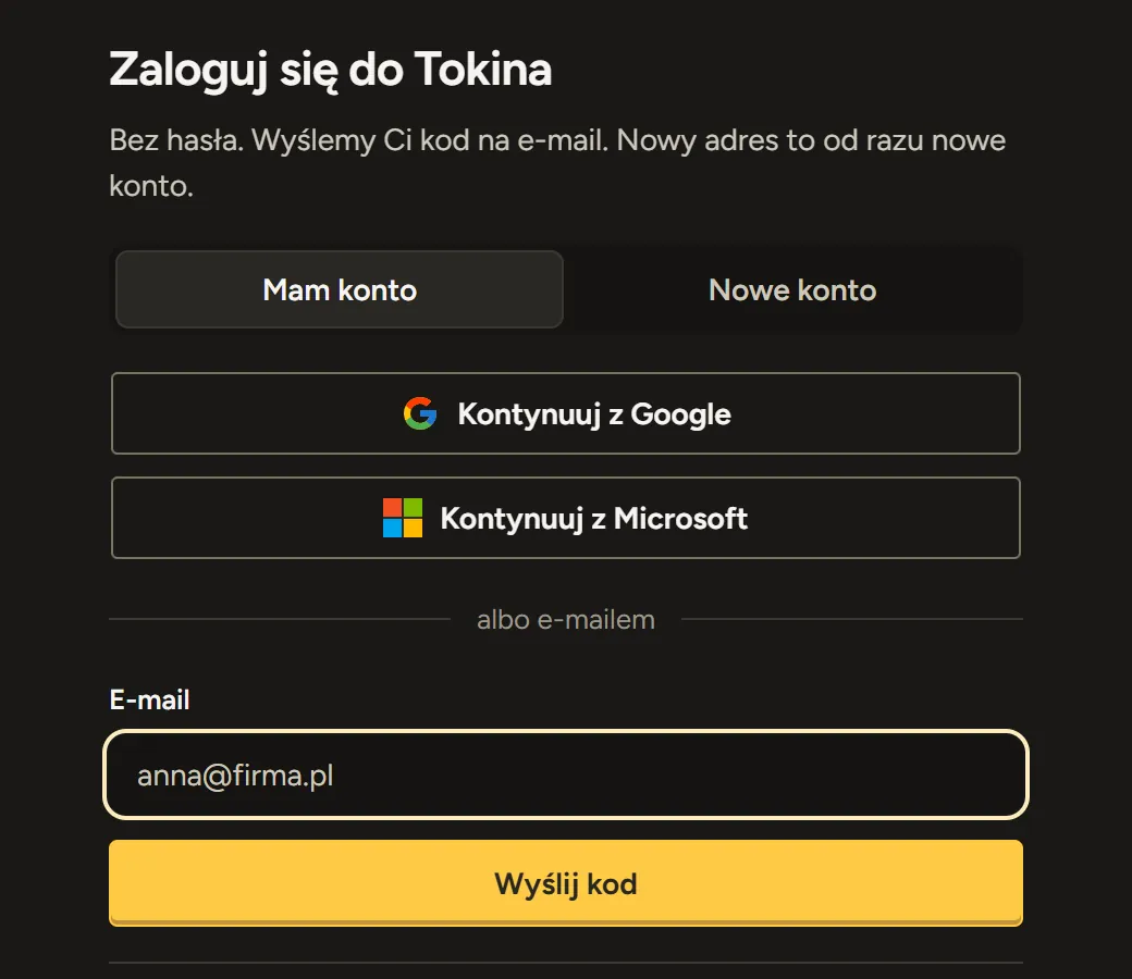 Okno logowania Tokina z przyciskami Kontynuuj z Google i Kontynuuj z Microsoft.