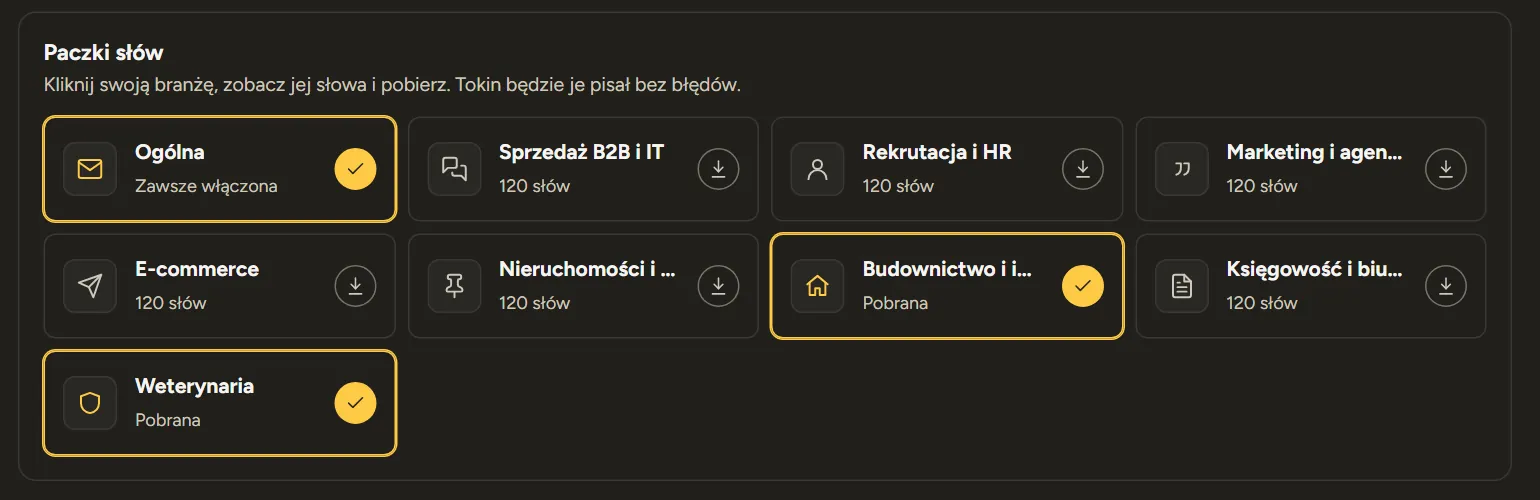 Paczki słów: Słownik → Paczki słów: osiem branż. Ogólna jest zawsze włączona.