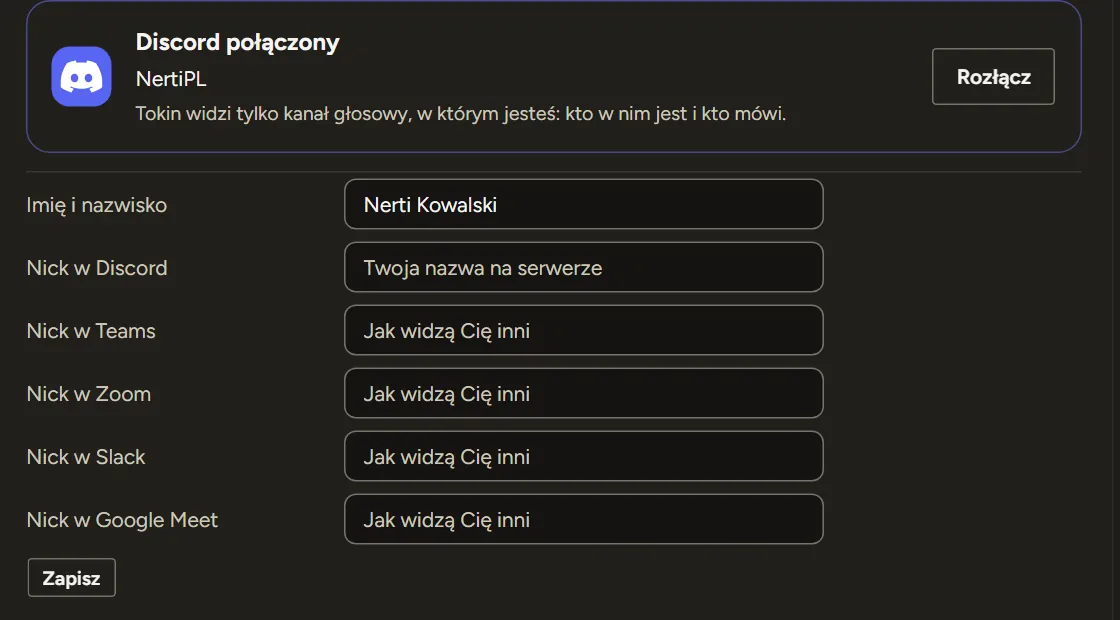 Ustawienia → Rozmowy i prywatność → Ja: Discord połączony.